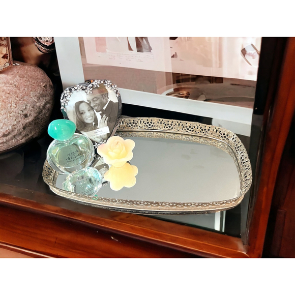 Vintage Vanity Mirror Botanical Mirrored Tray Great Romantic Decor Gift Idea - Picture 2 of 10